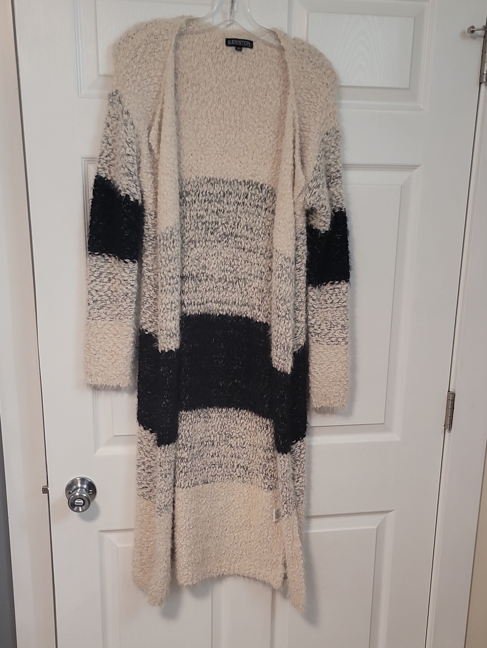 Keniston Open-Front Long Cream and Black Striped Cozy Cardigan